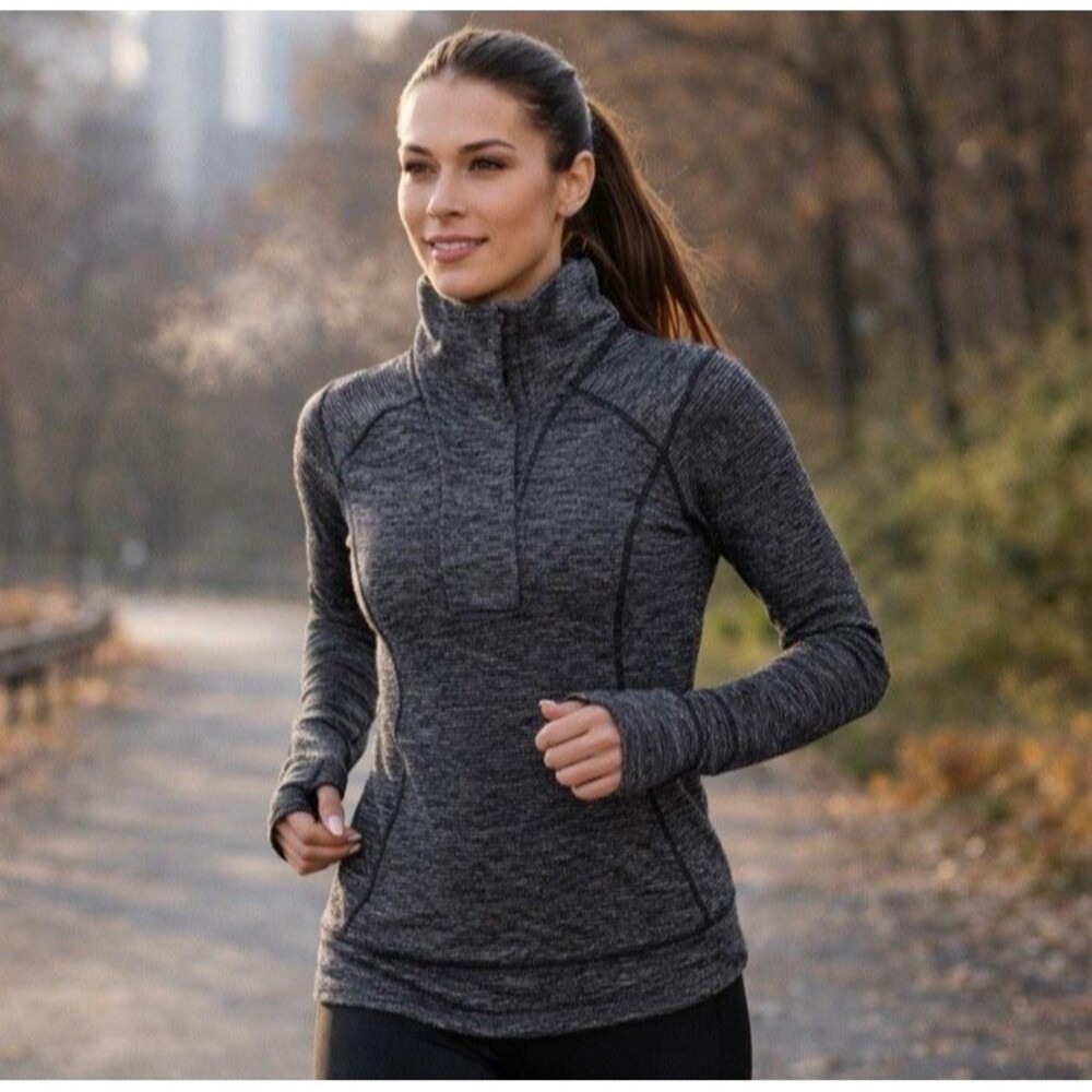 Lululemon Base Runner 1/2 Zip Heathered Herringbone Heathered Black Size 10